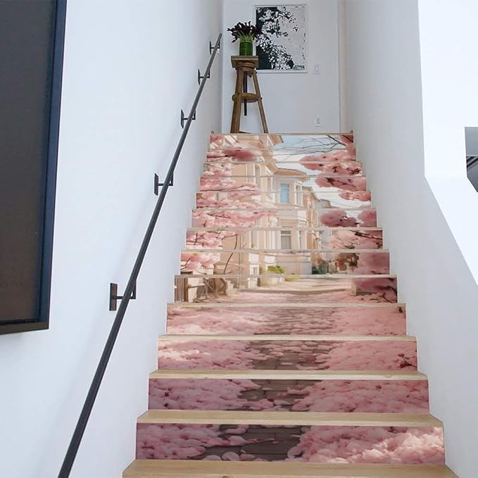 REDAMANCY Romantic Pink Cherry Flowers Lane Landscape Peel and Stick Vinyl Stair Riser Decals Staircase Tile Stickers Decor Modern Marble Decoration Self-Adhesive(14 Pcs)