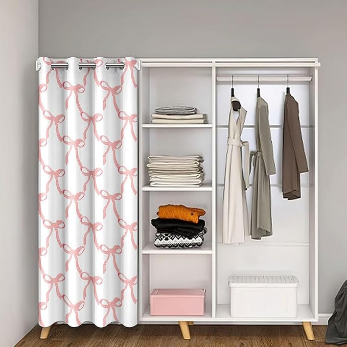 Feelyou Bowknot Decor Room Blackout Curtain Dreamy Princess Style Closet Door Cover Curtain for Bedroom Living Room Watercolor Pink Ribbon Bow Door Curtain for Doorway Privacy 1 Panel, 52"x80"