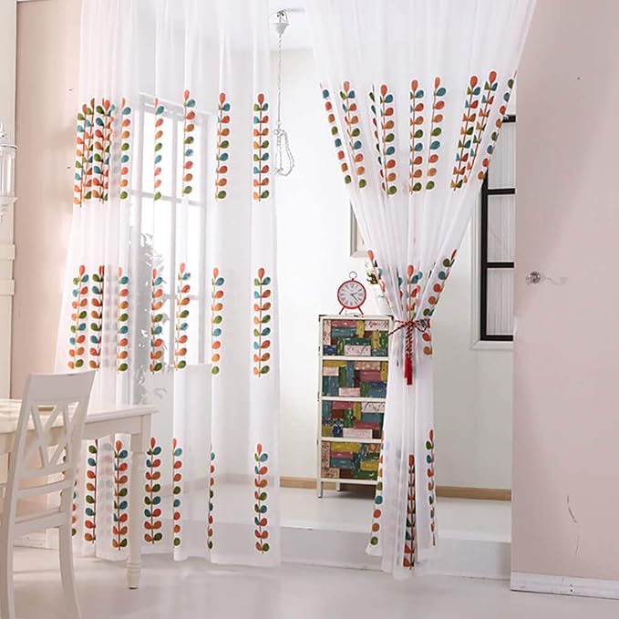 VOGOL Sheer Curtains 63 Inch Length, Colorful Leaves Embroidered White Sheer Window Treatments for Bedroom, Kitchen, Small Windows, W52 X L63, 2-Panel Pack