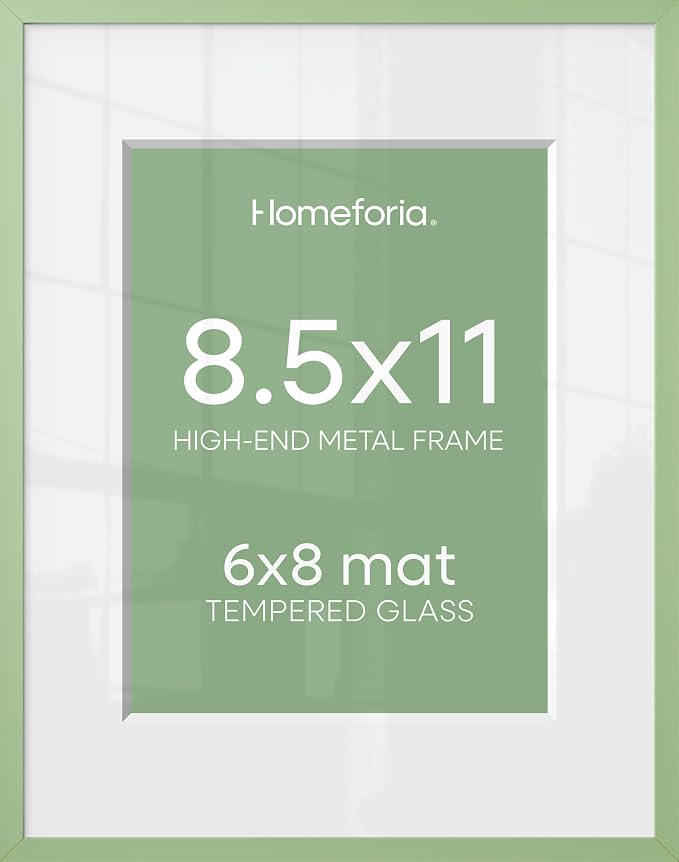 Homeforia 8.5x11 Sage Green Frame, High End Metal 8.5 x 11 Picture Frames with Mat 6 by 8 inch Photo, 11x8.5 Poster Frame Matted to 6x8 Art, Wall or Tabletop Frames, Tempered Glass, Wall Kit, Set of 2