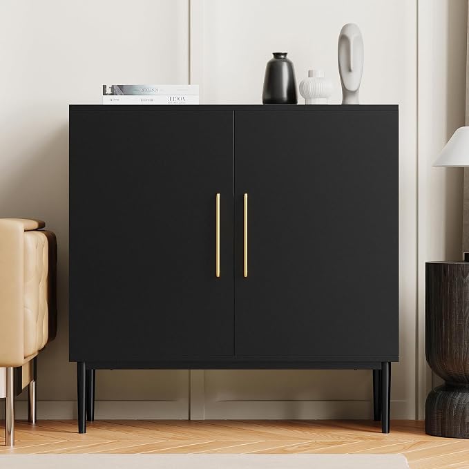 Set of 4 Black Storage Cabinet with Doors, Modern Accent Cabinet, Free Standing Cabinet with Adjustable Shelf, Wooden Buffet Sideboards for Living Room, Kitchen, Dining Room, Entryway