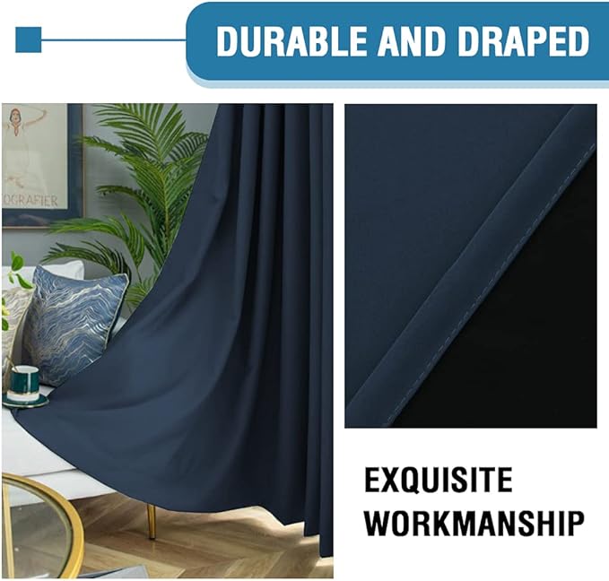 H.VERSAILTEX 100% Blackout Curtains for Bedroom Thermal Insulated Blackout Curtains 96 Inches Long Rod Pocket/Clip Rings Curtains for Living Room with Black Liner 2 Panels, Navy