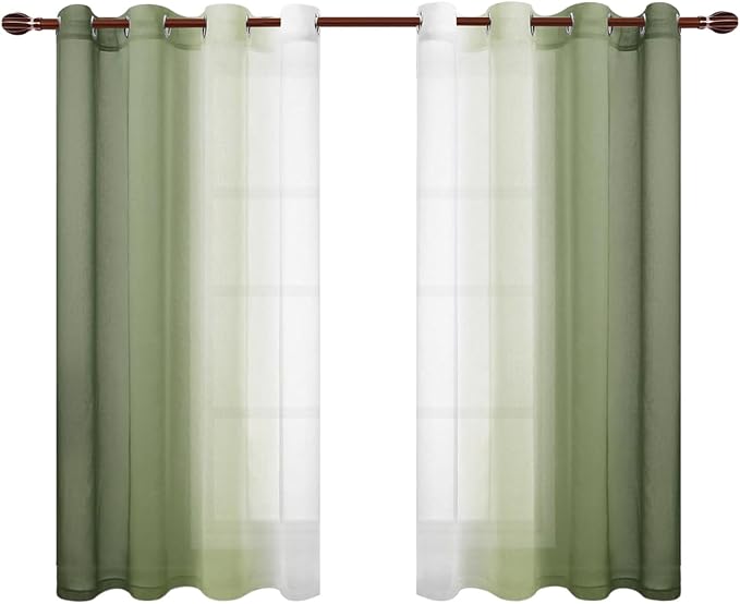 DWCN Ombre Sheer Curtains - Set of 2 Short Window Curtain Panels, Faux Linen Semi Voile Grommet Top Gradient Curtains for Bedroom and Living Room, 52 x 54 Inch Length, Light Olive Green