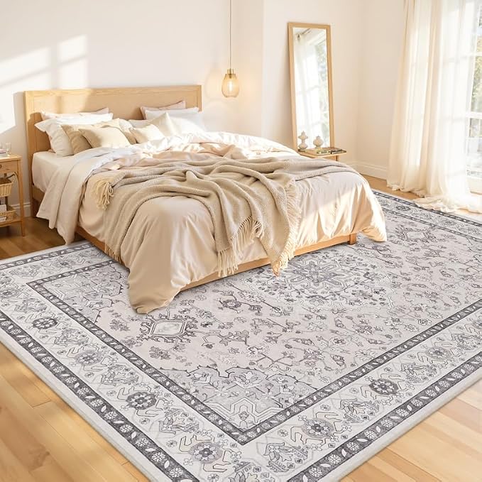 10x14 Area Rug for Living Room: Vintage Boho Neutral Washable Rug Indoor Soft Large Area Rug Carpet for Bedroom Nursery Farmhouse Dining Room Office Floor Non-Slip Low Pile Under Table Beige & Grey