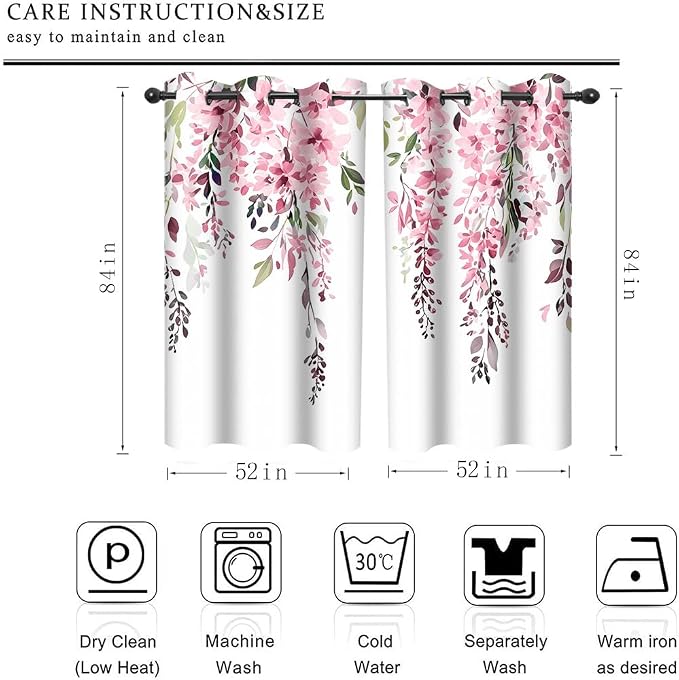 Pink Watercolor Floral Curtains, 52x84 inch, 2 Panels | Botanical Leaves Vine Flowers, Rustic Farmhouse, Blackout Window Treatment, For Bedroom Living Room