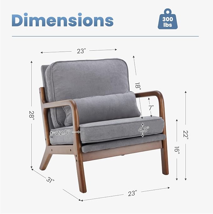 DUMOS Mid Century Modern Accent Chair, Armchair with Lumbar Pillow and Waist Cushion, Solid Wood Frame Lounge Chair for Living Room, Bedroom, Reading Nook, Small Apartment Corner, Classic Grey