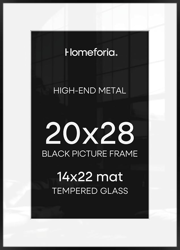 Homeforia 20 x 28 Picture Frame Black, High End Metal 20x28 Poster Frames with Mat 14x22 for Photo, 20 x 28 Black Frame Matted to 14 x 22 Print, 28x20 Hanging Frame, Tempered Glass, Wall Kit, Set of 3