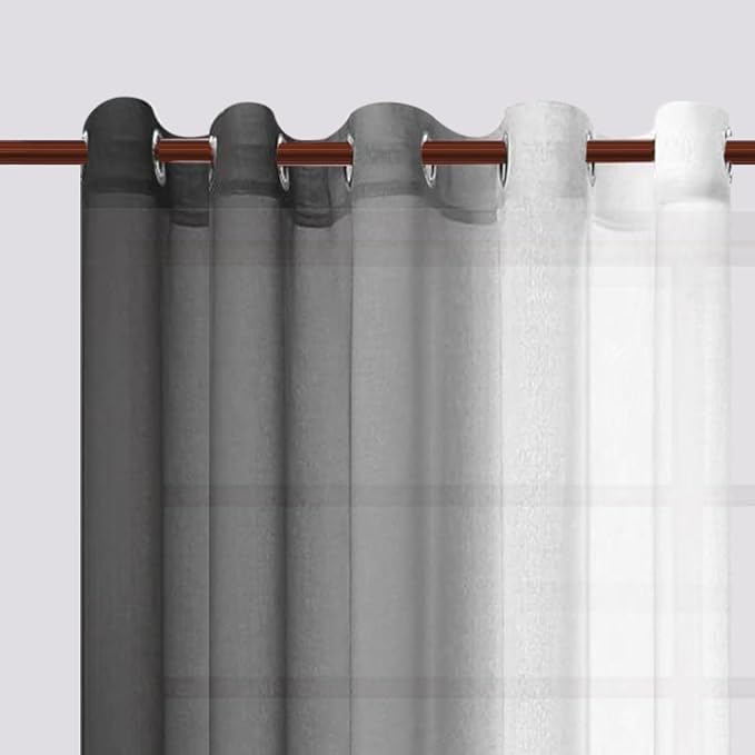 DWCN Black Ombre Faux Linen Sheer Curtains - Extra Wide Gradient Semi Voile Light Filtering Grommet Top Bedroom and Living Room Curtains, 60 x 63 Inches Long, Set of 2 Window Curtain Panels