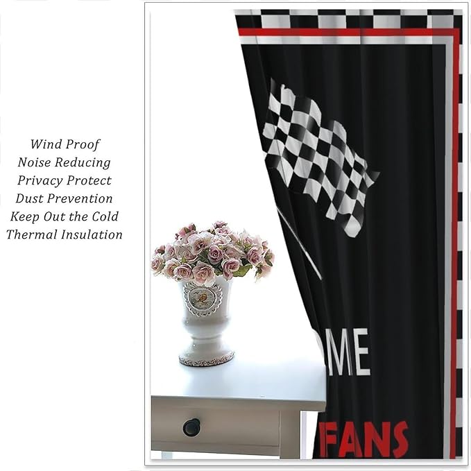 Racing Theme Blackout Curtain,Checkered Flag Black White Race Car Window Curtains Cloth Farbic for Kitchen Bedroom Cafe Dining Room Office Living Room Drapes, 52x84 in