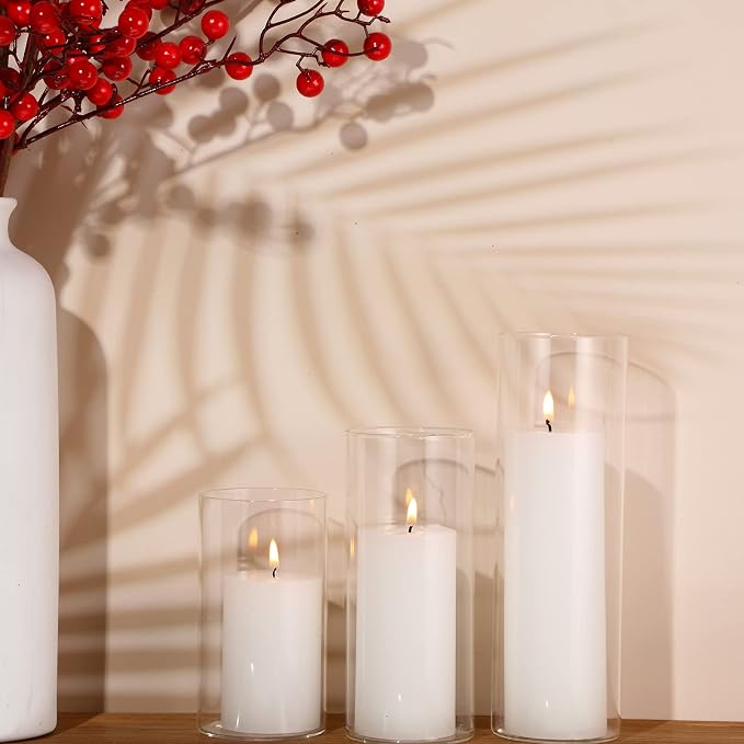 Shihanee Set of 3 Pillar Candles and 3 Glass Cylinder Candle Vases Holders Clear Pillar Jars for Wedding Centerpieces(2.6'' X 4.7'', 5.9'', 7.9'',White)