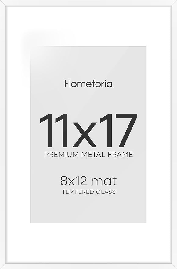 Homeforia 11 x 17 Picture Frame White, High End Metal 11x17 Poster Frames with Mat 8x12 for Photo, 11 x 17 White Frame Matted to 8 x 12 inch Print, 17x11 Thin Frame, Tempered Glass, Wall Kit, Set of 2