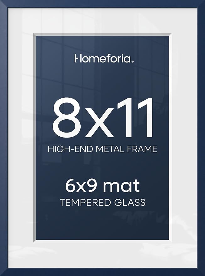 Homeforia 8x11 Picture Frame Navy Blue, High End Metal 8 x 11 Poster Frames with Mat 6 by 9 Photo, 11x8 Frame Matted to 6x9 inch Print, 8by11 Wall or Tabletop Frame, Tempered Glass, Wall Kit, Set of 1