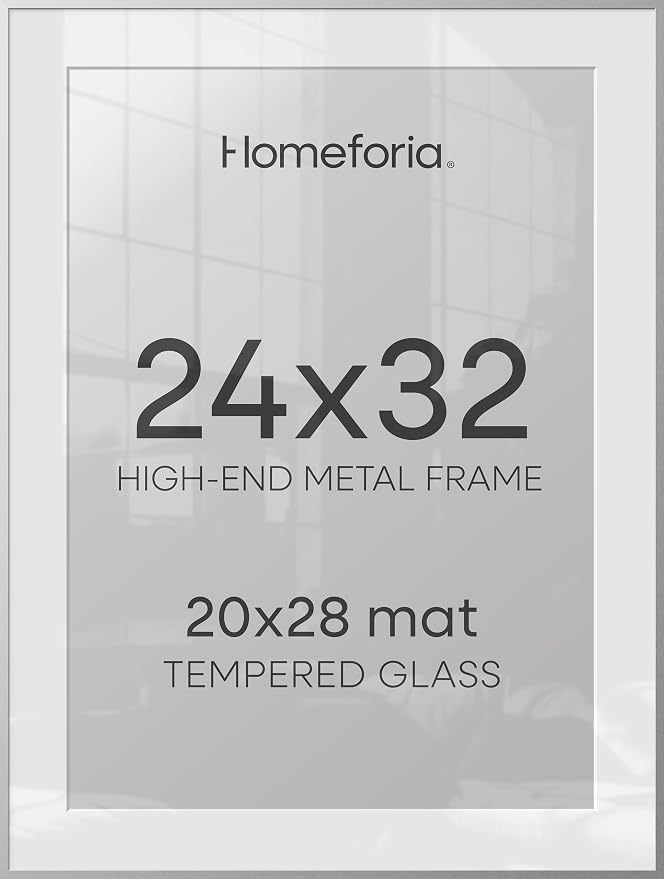 Homeforia Poster Frame 24x32 Silver, High End Metal 24 x 32 Large Picture Frame with Mat 20 x 28 Photo, 24x32 Silver Frames Matted to 20x28 Print, 32x24 Thin Frames, Tempered Glass, Wall Kit, Set of 1