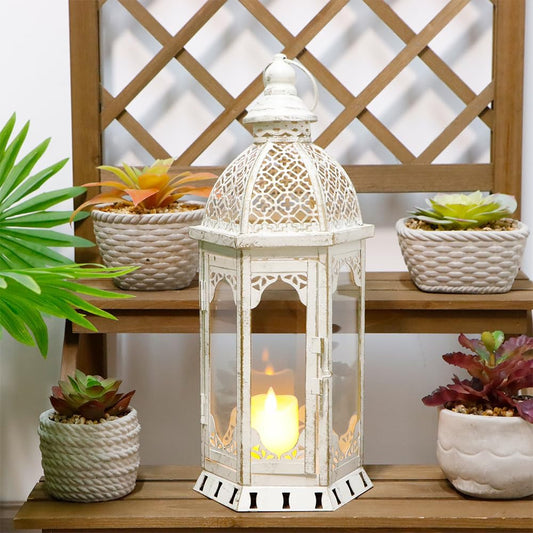 JHY DESIGN Decorative Candle Lantern 15''H Vintage Metal Candle Holder for Garden Living Room Indoor Outdoor Parties Weddings Patio(White with Gold Brush)