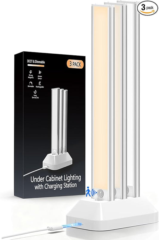 14in Under Cabinet Lighting with Charging Station, 3200mAh Rechargeable Motion Sensor Light Indoor, 3 Color Tempers Dimmable Closet Lights Wireless, Magnetic Under Cabinet Lights for Kitchen, 3-Pack