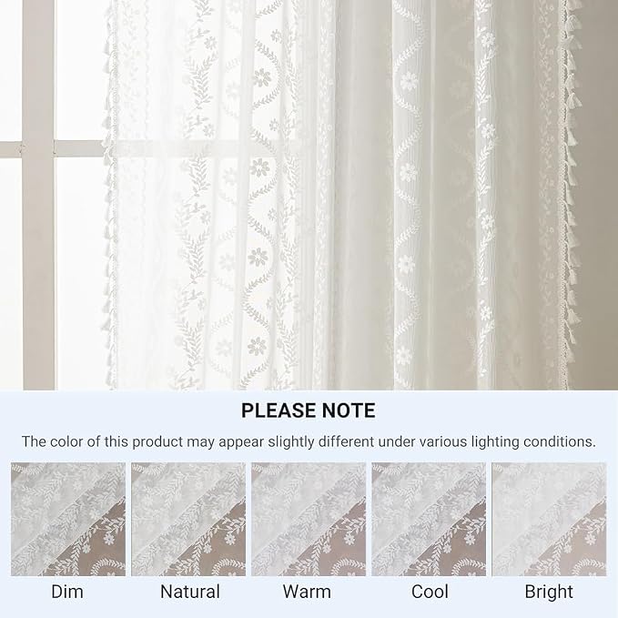 WAZZIO Boho Lace Curtains 2 Panels 63 Inches -Cute Vintage Victorian Sheer Panel Drape French Country Floral Pattern & Tassel Light Filtering Privacy for Bedroom Dining Living Room,White,W52x L63