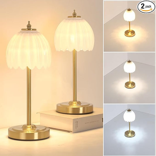 Shenmoyl Set of 2 Tulip Table Lamp with 5000mAh Battery & Touch Control, Cordless Table Lamp with 3 Colors, Dimmable Rechargeable Table Lamps for Bedroom, Living Room, Entryways (White Tulip)