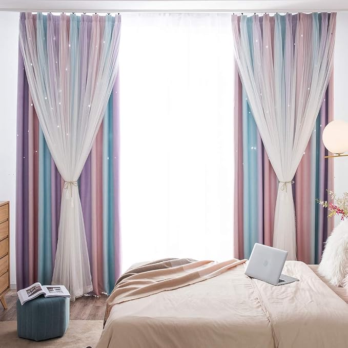 UNISTAR 2 Panels Blackout Stars Curtains for Kids Girls Bedroom Aesthetic Living Room Decor Colorful Double Layer Star Cut Out Stripe Pink Rainbow Window Wall Home Decoration Curtain,W52 x L84 Inches