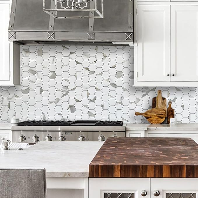 DICOFUN 1 Sheet Hexagon Tile Peel and Stick Backsplash, White Marble Look PVC Mixed Silver Metal Mosaic Tiles for Kitchen and Bathroom