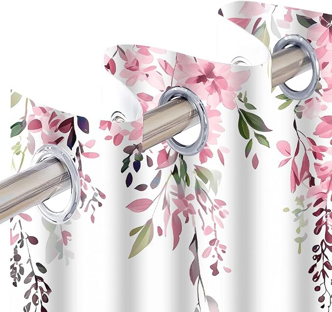 Pink Watercolor Floral Curtains, 52x63 inch, 2 Panels | Botanical Leaves Vine Flowers, Rustic Farmhouse Style, Blackout Window Treatment, For Bedroom Living Room