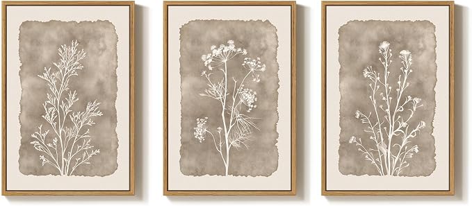 3 Piece Framed Neutral Botanical Wall Art Set, Large Farmhouse Floral Canvas Prints Paintings, Minimalist Wildflower Plant Artwork Decor for Living Room Bedroom Dining Room 16x24 Inch