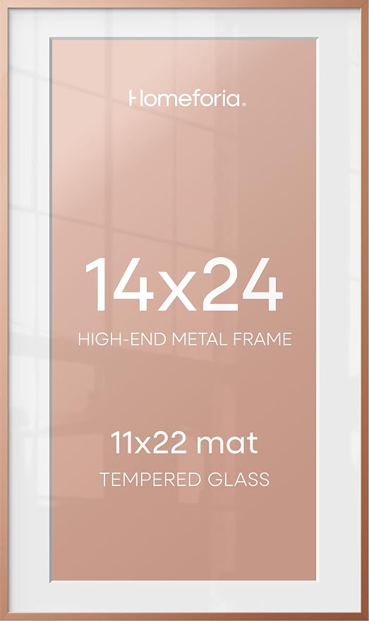 Homeforia 14x24 Picture Frame Rose Gold, High End Metal 14x24 Poster Frames with Mat 11x22 Photo, 14 x 24 Rose Gold Frame Matted to 11 by 22 Print, 24x14 Thin Frame, Tempered Glass, Wall Kit, Set of 1