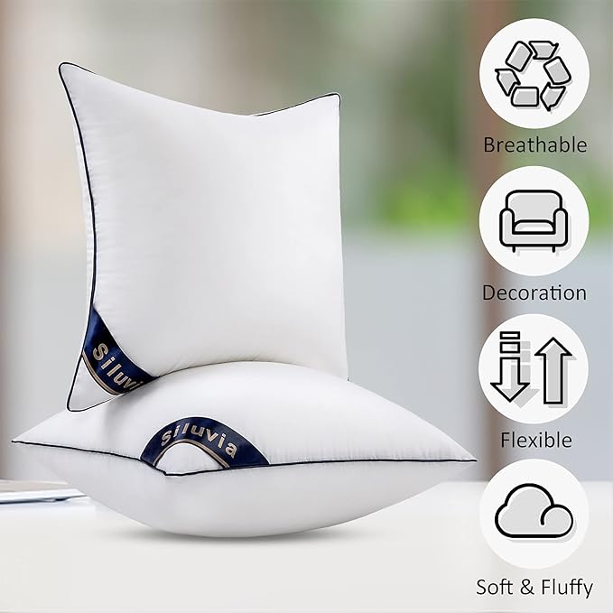Siluvia 24x24 Pillow Inserts Set of 2 Square Throw 24 Euro Pillows with 100% Cotton Cover for Sofa, Couch, and Bed - White | 100% pure cotton cover, soft and breathable