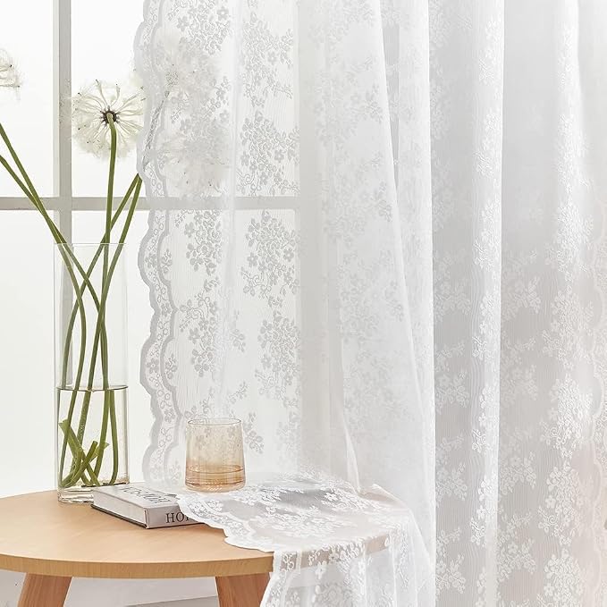 YJ YANJUN Vintage Lace Curtains 120 Inches Long-Victorian Floral Pattern White Sheer Curtain Panels for High Ceiling to Floor Large Windows, Light Filtering, 10 Foot Drapes Privacy W52xL120 10 FT