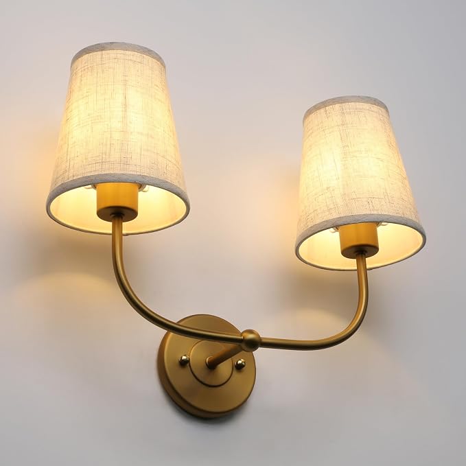 PERMO Vintage Double Sconce Large Antique 2-Lights Sconces with Flared Funnel Linen Beige Fabric Shade Hardwired Double Wall Sconce E26 Base