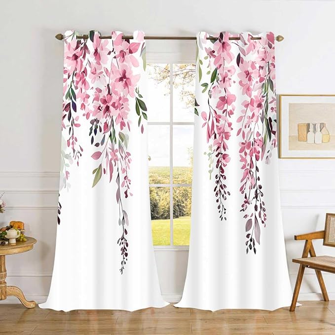 Pink Watercolor Floral Curtains, Botanical Leaves Vine Flowers Curtain, Rustic Farmhouse Flower Leaf Blackout Window Treatment Drapes for Bedroom Living Room 42x96 inch, 2 Panels
