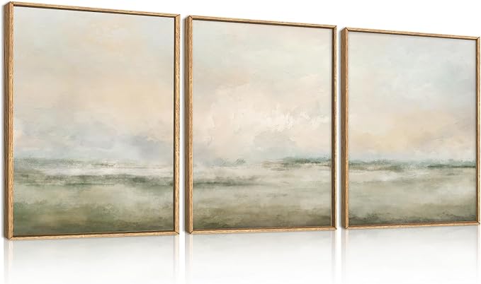 Abstract Beige Green Landscape Framed Canvas Wall Art Set, Watercolor Natural Tan Wall Decor, Minimalist Neutral Modern Scenery Artwork for Living Room, Bedroom,Farmhouse- 12"x16"x3