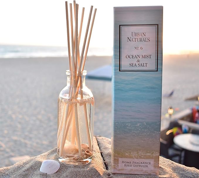 Urban Naturals Reed Diffuser Set, Ocean Mist & Sea Salt - Bathroom Décor | Made with Essential Oils & Real Seashells, Decorative Air Freshener Room Diffuser