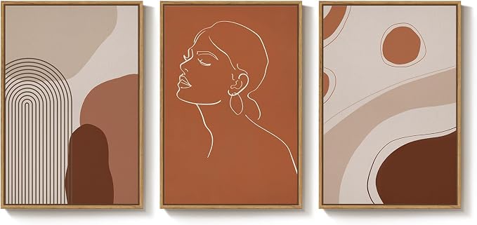 Framed Mid Century Modern Boho Wall Art for Living Room, 3 Piece Abstract Minimalist Line Canvas Artwork for Walls, Large Terracotta Tones Prints Paintings for Bedroom Hallway Wall Decor, 16x24 Inch