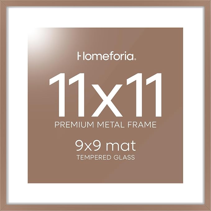 Homeforia 11x11 Picture Frame Mocha, High End Metal 11 by 11 Square Frames with Mat 9 x 9 Opening, 11by11 Poster Frames Matted to 9x9 inch Photo, Wall Hanging Frame, Tempered Glass, Wall Kit, Set of 2