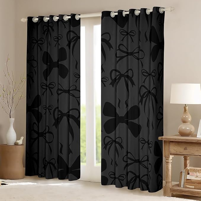 Feelyou Cute Bowknot Room Darkening Blackout Curtain Boys Girls (2 Panels, 38 x 54 Inch) Bow Curtains for Bedroom Living Room Girls Bow Blackout Curtains Kawaii Window Treatments
