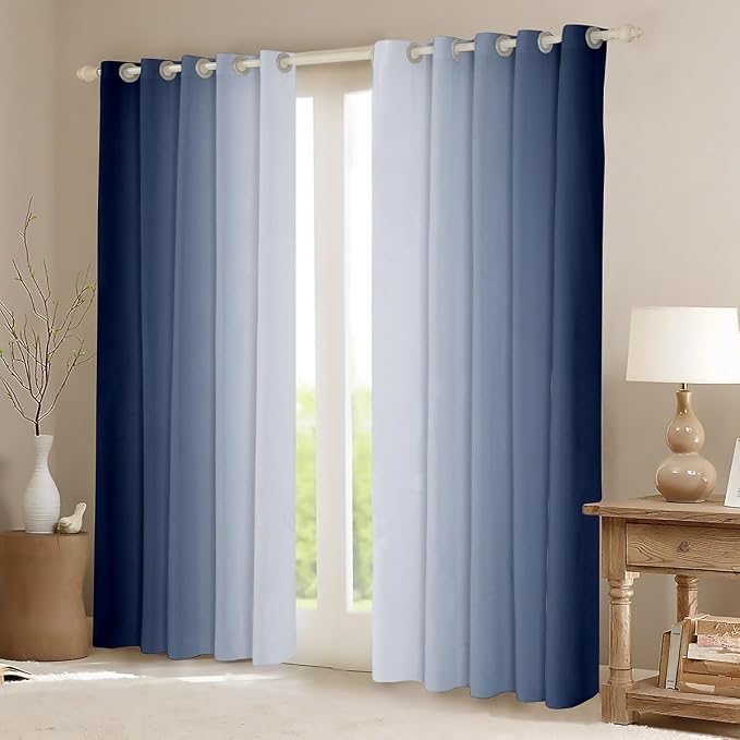 jejeloiu (2 Panels, 52 x 96 Inch Navy Blue and White Darkening Drapes Gradient Style Curtains for Bedroom for Kids Women Men Ombre Printed Blackout Curtains Geometric Window Treatments