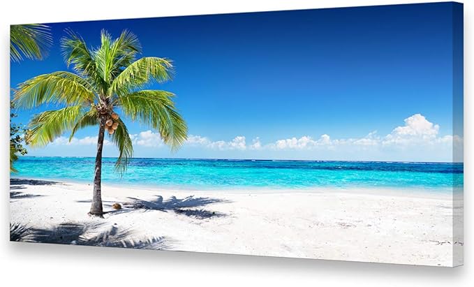 Baisuart Large Canvas Wall Art Summer Ocean Waves Coconut Trees on Sands Beach Seascape Painting Sea Nature Pictures for Living Room Home Office Wall Decor Artwork XXLarge 30x60inch