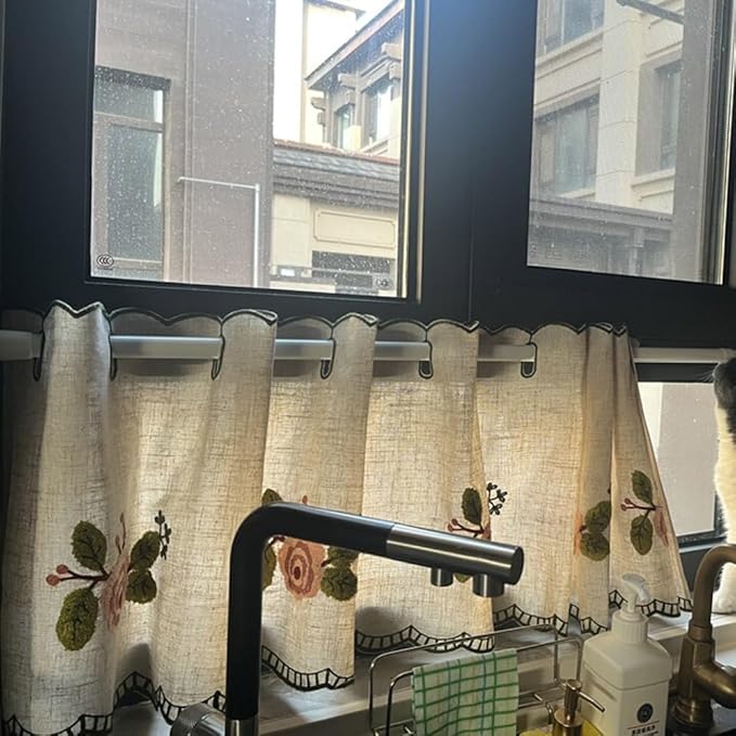 Cotton Linen Short Curtain Grommet Half Window Curtain Valance Light Filtering Tier Curtains for Kitchen Cafe Bedroom Curtains Closet(W 110 x L 60 cm (43" x 23"))