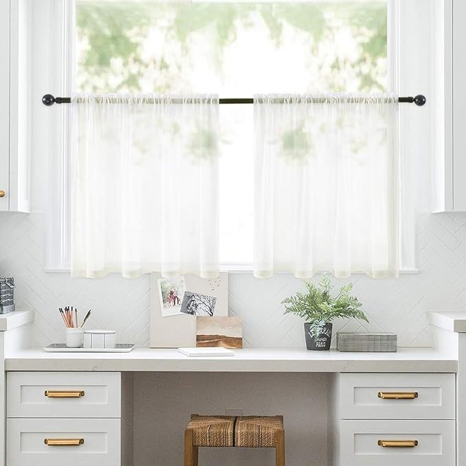 MIULEE 2 Panels Kitchen Tiers Half Window Sheer Curtains Rod Pocket Voile Drapes for Kitchen Bathroom Small Windows 29 by 24 Inch Ivory