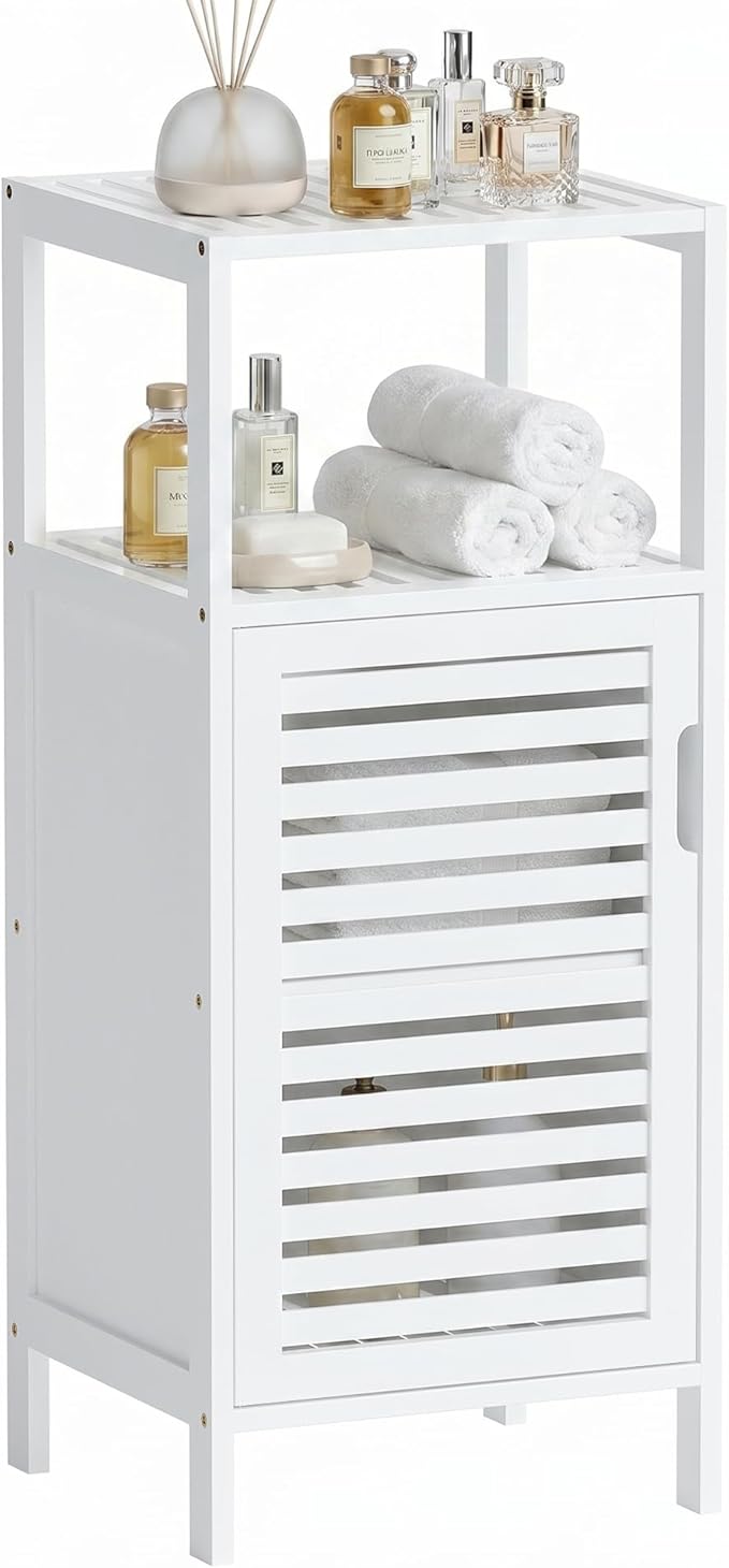 HITNET Bamboo Bathroom Storage Cabinet, 4 Tier Small White Floor Cabinet with Single Door, Free Standing Slim Narrow Storage Organizer for Living Room Entryway