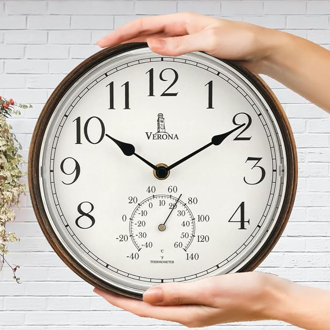 Outdoor Clocks for Patio Waterproof with Thermometer — 9.5 Inch Indoor Outdoor Wall Clock with Temperature Display — Weatherproof, Accurate & Easy to Read for Pool, Garden & Home Decor