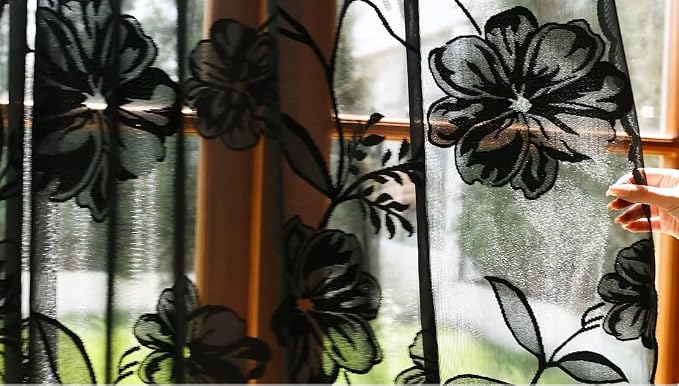 Black Sheer Lace Curtains for Bedroom Living Room Studio 108inch Extra Long Vintage Rose Floral Embroidered Semi Sheer Curtain Panels Privacy Leaf Sheer Drapes with Scalloped Edge 54"w 2pcs 9ft