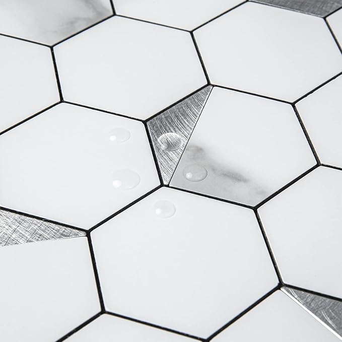 DICOFUN 1 Sheet Hexagon Tile Peel and Stick Backsplash, White Marble Look PVC Mixed Silver Metal Mosaic Tiles for Kitchen and Bathroom