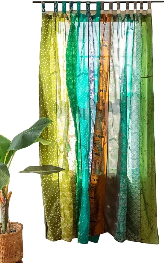 Assorted Hippie Colorful Curtains Light-Filtering – Boho Curtains, Bed Canopy Panel, Tapestry or Window Treatment Patchwork Green Color (84 X 43 Inches)