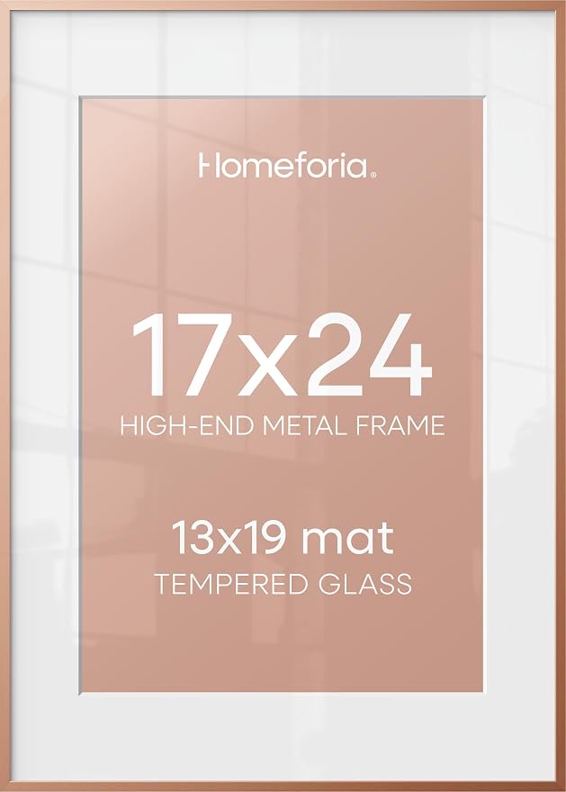 Homeforia 17x24 Picture Frame Rose Gold, High End Metal 17x24 Poster Frames with Mat 13x19 Photo, 17 x 24 Rose Gold Frame Matted to 13 by 19 Print, 24x17 Thin Frame, Tempered Glass, Wall Kit, Set of 1