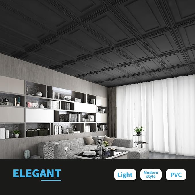 Art3d 12-Pack Drop Ceiling Tiles, 24x28 Inch PVC Panels in Black