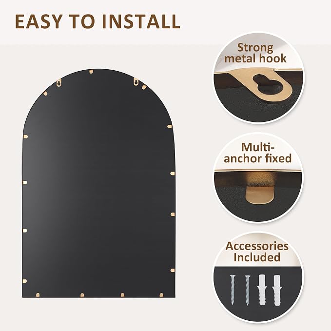 Antique Gold 24"x36" Arched Wall Mirror with Metal Beaded Frame - Decorative Accent Wall Mirror for Bathroom, Bedroom, Living Room, Entryway