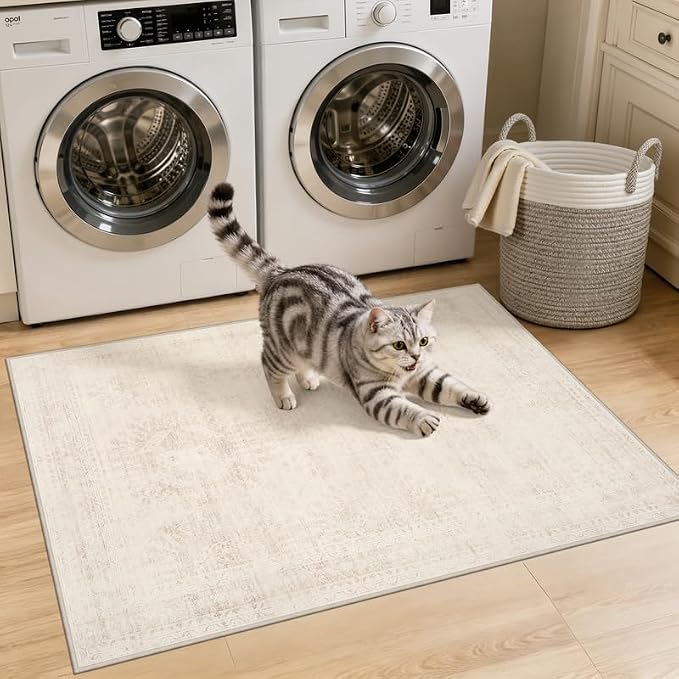 Machine Washable Area Rugs 2x3: Vintage Boho Neutral Washable Rug Indoor Soft Small Entryway Throw Carpet for Living Room Bedroom Kitchen Laundry Floor Non-Slip Low Pile Entrance Rug Beige