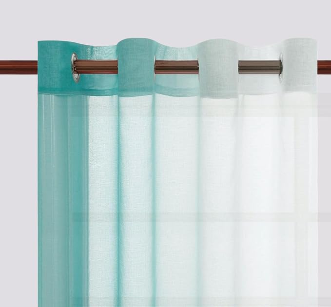DWCN Ombre Short Sheer Curtains - Faux Linen Semi Voile Gradient Light-Filtering Bedroom and Living Room Curtains, Set of 2 Grommet Top Window Drape Panels, 52 x 45 Inch Length, Teal