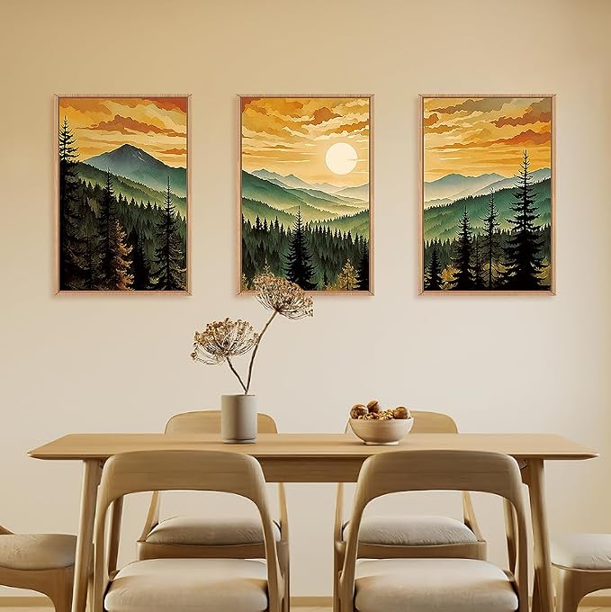LHIUEM Large Boho Sunset Mountain Framed Canvas Wall Art,Retro Pine Tree Wall Decor,Nature Foggy Forest Wall Painting,Bohemian Landscape Artwork for Living Room,Bedroom,Dining Room,Office -24"x36"x3